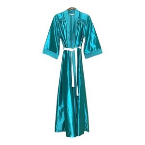 Vintage Robe Womens S/M 70s 80s Teal Shiny Satin Glam Quilted Trim Dressing Gown